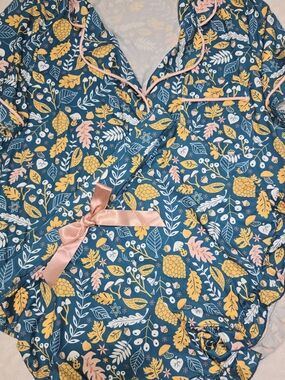 Jordan Jammies Women's Teal Floral-Leaf Pajama Set with Yellow & Pink Accents